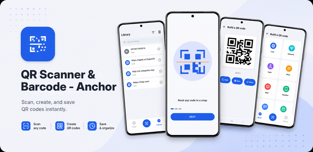 QR Scanner & Barcode - Anchor app preview showing scan, create, and library screens
